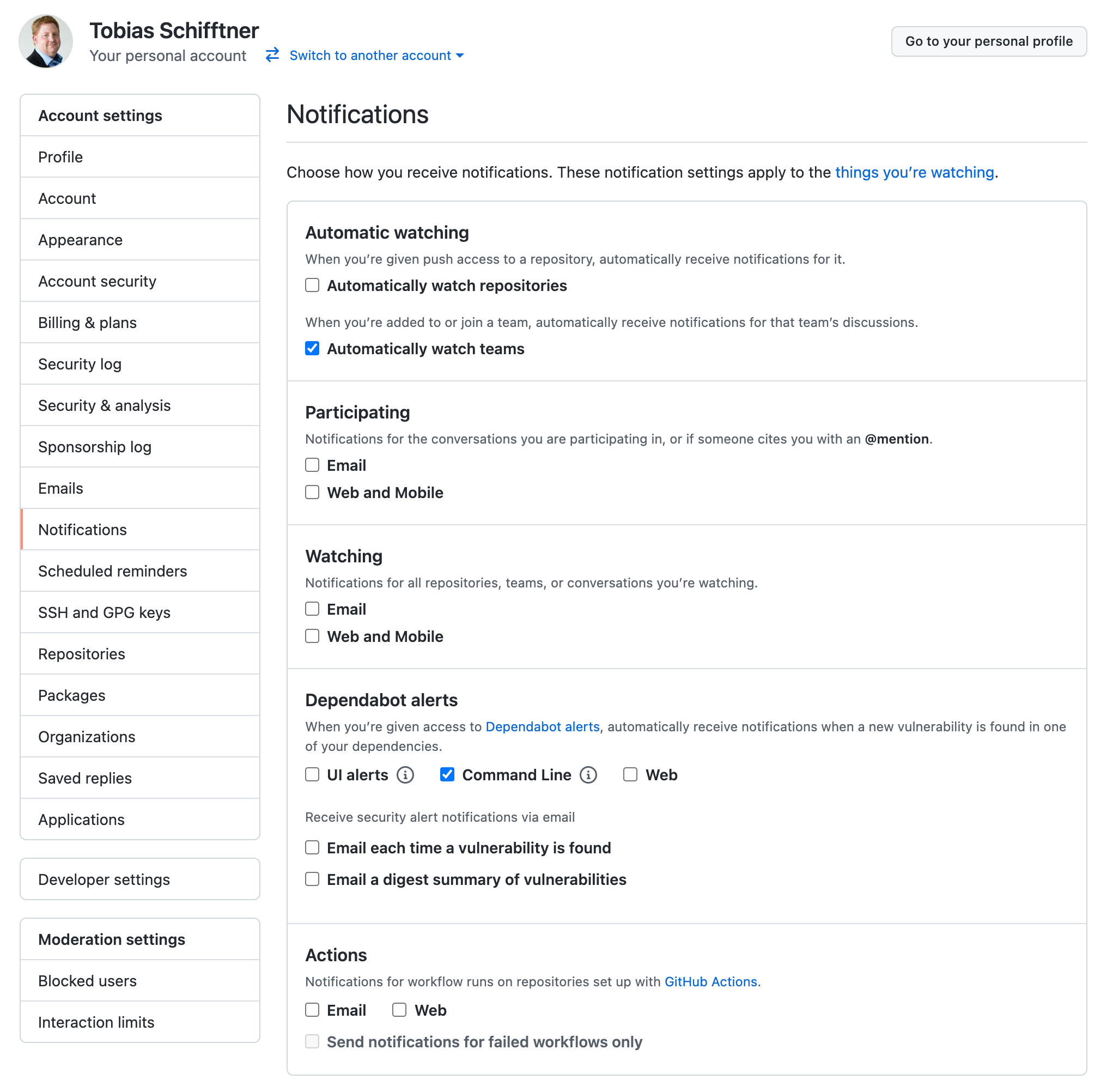 Example of disabled email notification